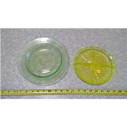 DEPRESSION GLASS AND GREEN DIVIDER DISH