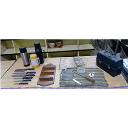 KNIVES, STRAINER, LUNCH BOX, ALADDIN THERMOSES, AND STEEL