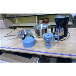 COFFEE MAKER, KETTLE, AND FRYING PANS
