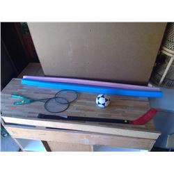 Badminton Rackets, Mini Soccer Ball, Pool Noodles, and Indoor Hockey Stick