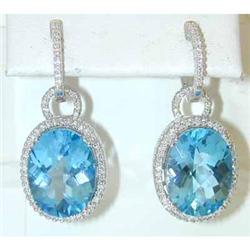 856 EFJ 14KW Gold Earrings w/ Blue Topaz/Diamonds