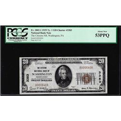 1929 $20 NB of Washington, PA CH# 3383 National Currency Note PCGS About New 53PPQ