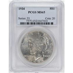 1934 $1 Peace Silver Dollar Coin PCGS MS65