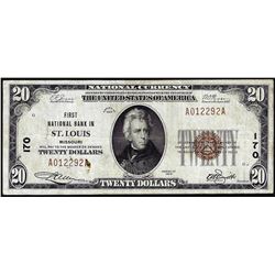 1929 $20 First NB of St. Louis, MO CH# 170 National Currency Note