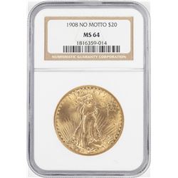 1908 No Motto $20 St. Gaudens Double Eagle Gold Coin NGC MS64