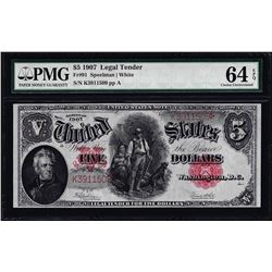 1907 $5 Woodchopper Legal Tender Note Fr.91 PMG Choice Uncirculated 64EPQ