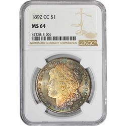 1892-CC $1 Morgan Silver Dollar Coin NGC MS64 Amazing Toning