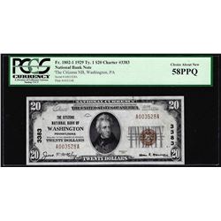 1929 $20 Washington, PA CH# 3383 National Currency Note PCGS Choice About New 58PPQ