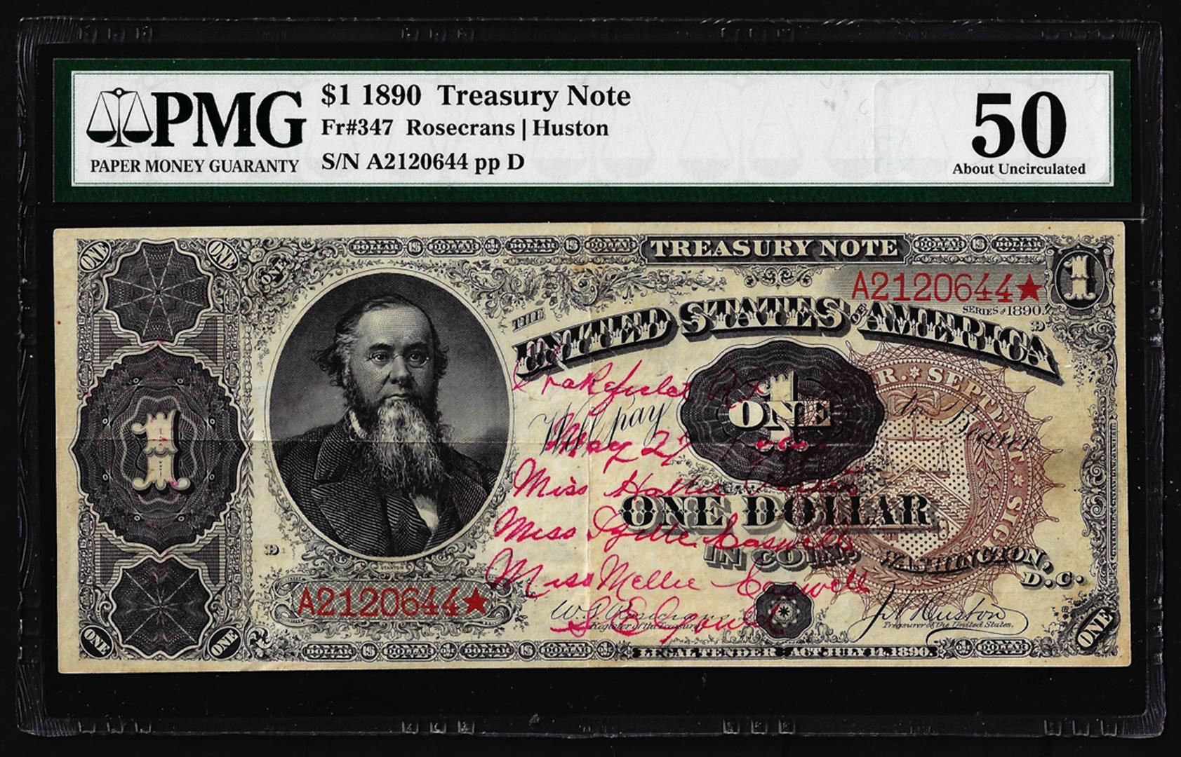 1890 $1 Treasury Note Fr.347 PMG About Uncirculated 50