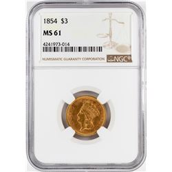 1854 $3 Indian Princess Head Gold Coin NGC MS61