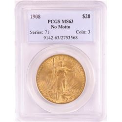1908 No Motto $20 St. Gaudens Double Eagle Gold Coin PCGS MS63