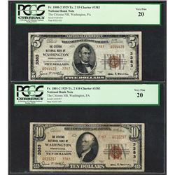 1929 Ty. 2 $5/10 Citizens NB Washington, PA CH# 3383 National Currency Notes PCGS VF20