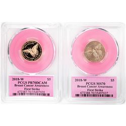 Lot of 2018-W $5 Breast Cancer Awareness Commemorative Gold Coins PCGS MS70/PR70DCAM