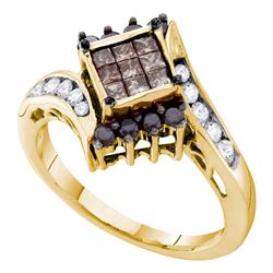 3/4 CTW Princess Brown Diamond Cluster Ring 14kt Yellow Gold - REF-45W6F