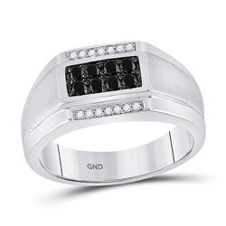 3/8 CTW Mens Round Black Color Enhanced Diamond Rectangle Cluster Ring 10kt White Gold - REF-33M3A