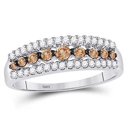 1/2 CTW Round Brown Diamond Triple Row Ring 10kt White Gold - REF-20Y3X