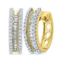 1/2 CTW Round Baguette Diamond Hoop Earrings 10kt Yellow Gold - REF-35N9Y