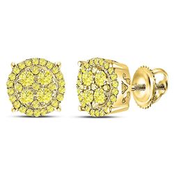 3/4 CTW Round Canary Diamond Concentric Cluster Stud Earrings 10kt Yellow Gold - REF-41A9N