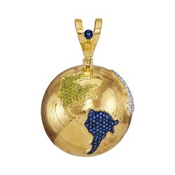1 CTW Mens Round Blue Color Enhanced Diamond Globe Planet Earth Charm Pendant 10kt Yellow Gold - REF