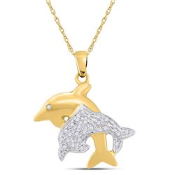 1/8 CTW Round Diamond Double Dolphin Fish Animal Pendant 10kt Yellow Gold - REF-14M4A