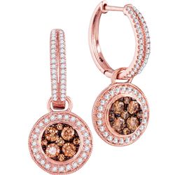 1 CTW Round Brown Diamond Circle Cluster Dangle Earrings 14kt Rose Gold - REF-90X3T