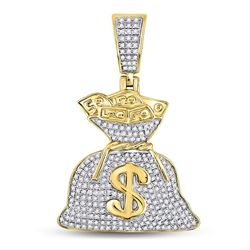 1/2 CTW Mens Round Diamond Money Bag Dollar Charm Pendant 10kt Yellow Gold - REF-35A9N