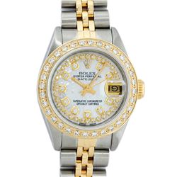 Rolex Ladies 2 Tone 18K Gold Diamond Bezel MOP String Datejust Wristwatch