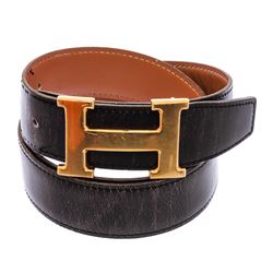 Hermes Black Brown Reversible Leather Belt Gold Plated H Buckle