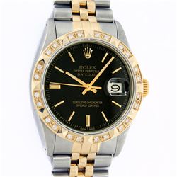 Rolex Mens 2 Tone 14K Black Index Pyramid Diamond Bezel Datejust Wristwatch