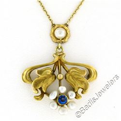 Antique Art Nouveau 14kt Yellow Gold Natural Pearl and Sapphire Tulip Pendant Ne