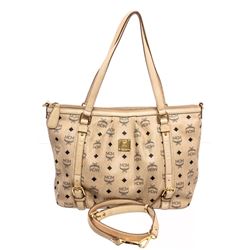 MCM Cream Visetos Coated Canvas Leather Medium Satchel Tote Bag