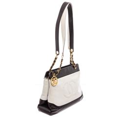 Chanel Black White Two-Tone Leather Vintage Timeless CC Charm Shoulder Bag