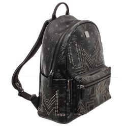 MCM Black Visetos Canvas Leather Medium Studded Backpack