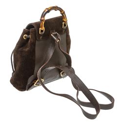 Gucci Vintage Brown Suede Leather Bamboo Backpack