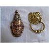 Image 2 : DECORATED BRASS VASE, BRASS DOOR KNOCKER, AND HEAVY EASTERN FACE HANGING