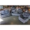 Image 2 : MODERN VELVET 3 PIECE SOFA SET W/ DROP DOWN CONSOLE AND ROCKING RECLINER - RETAIL $2499