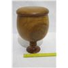Image 16 : Lidded Milo Wood Bowl on Carved Pedestal Base, Artist Kimo Austin, Approx. 7.5" Dia (lid top), 11.5"