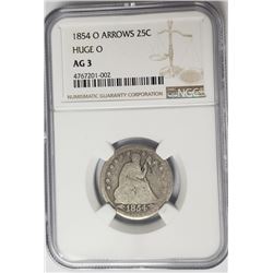 1854-O Arrows Huge O Seated Liberty Qrtr NGC AG3
