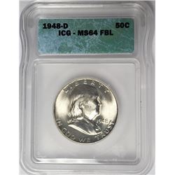 1948-D Franklin Half Dollar ICG MS64 FBL 50C