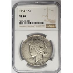 1934-D $1 Peace Silver Dollar NGC VF20