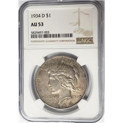 1934-D $1 Peace Silver Dollar NGC AU53