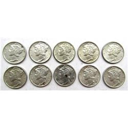 10-1943 MERCURY SILVER DIMES AU/BU