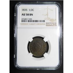 1835 HALF CENT NGC AU58 BROWN