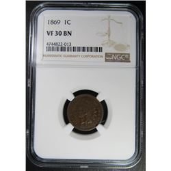 1869 INDIAN CENT NGC VF30 BN