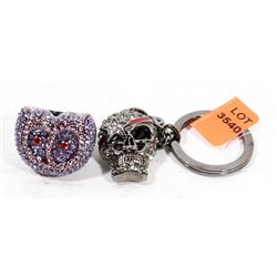 SWAROVSKI CRYSTAL PURPLE OWL RING & SKULL KEYCHAIN
