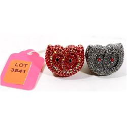 2 SWAROVSKI CRYSTAL SILVER & RED OWL RINGS