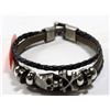 Image 1 : BRAIDED BLACK LEATHER STYLE SILVER SKULL BRACELET