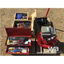 PORTER CABLE COMPRESSOR, FLOOR JACK, RED TOOL BOX