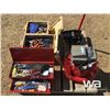 Image 1 : PORTER CABLE COMPRESSOR, FLOOR JACK, RED TOOL BOX