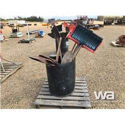 BARREL OF GRAIN & SNOW SHOVELS, RAKES, ICE PICK